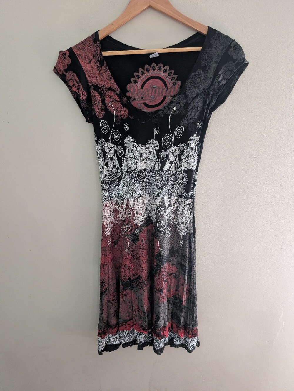 Vintage Y2K Desigual Black Graffiti Cap Sleeve Mini Babydoll Dress Size S